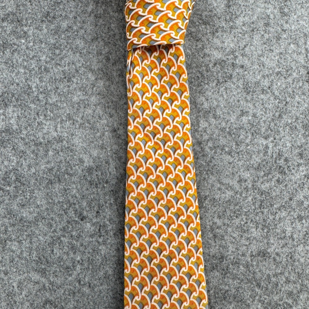 Prince Igor Necktie Mens OS Geometric Chain Link Orange Silk Italy Vintage EUC